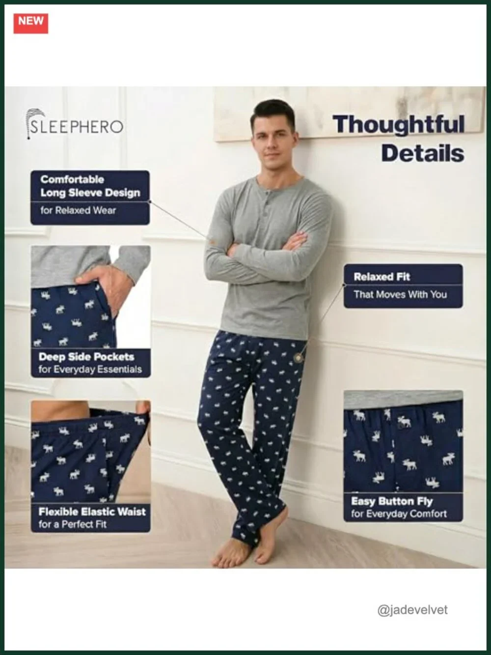 Men's Long Sleeve Pajama Set with Two Pockets and Drawstring Waist - Cotton